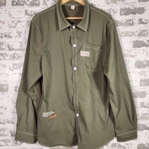 ROMWE Men's Shirt XL Olive Green Button Up Utility Long Sleeve Contrast Stitch